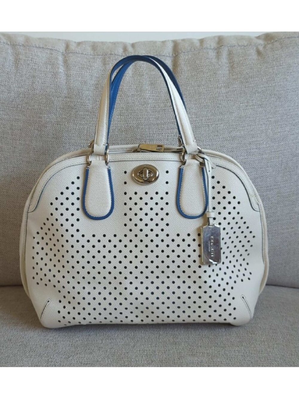 Coach Large Prince Street Perforated White and Blue Satchel